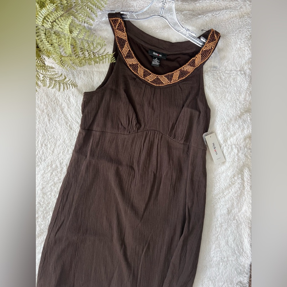 Style & Co Mid-Length Brown Dress with Beaded Collar Detail